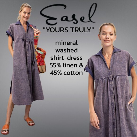 EASEL Yours Truly Mineral Washed Linen & Cotton Button Front Long Shirt  Dress